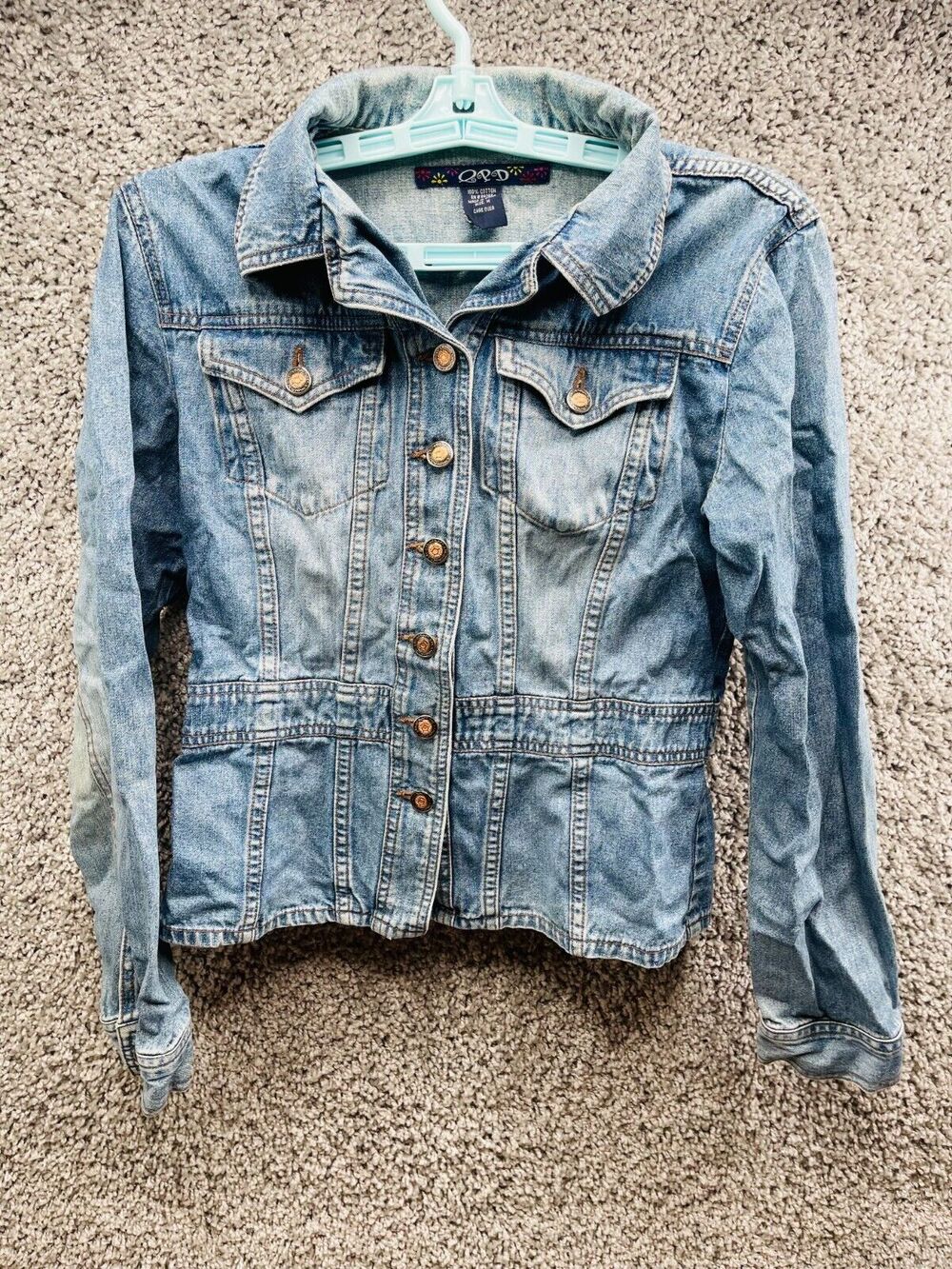 QPD Womens Denim Pocket Collar Cotton Button Up Jacket Blue Size M Long Sleeve